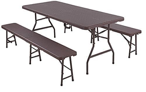 3 Pieces Rattan Look Foldable Garden Outdoor Picnic Camping Table Bench Furniture Set Folding Table Bench Trestle Portable Party Picnic BBQ Camping Set Metal Frame Indoor Outdoor (2xBench,1xTable Set)