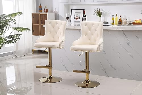 HYGRAD BUILT TO SURVIVE Velvet Upholstery 360 Degree Swivel Breakfast High Bar Home Kitchen Pub Stools Chair Seat With Gas Lift & Metal Base (2, Cream)