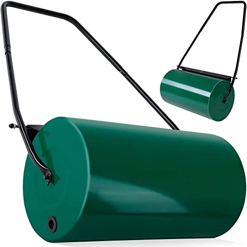 HYGRAD BUILT TO SURVIVE 48L Heavy Duty Garden Lawn Roller Sand Water Filled Barrel Metal Drum For Grass Seed with Removable Drain Plug, Scraper Bar, Heavy Duty Metal Lawn Push Rolling Tool Leveller