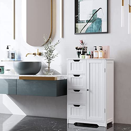 HYGRAD BUILT TO SURVIVE Bathroom Floor Cabinet Cupboard Free Standing Wooden Cabinet Storage Unit with 4 Drawers & 1 Door, Adjustable Shelf, White