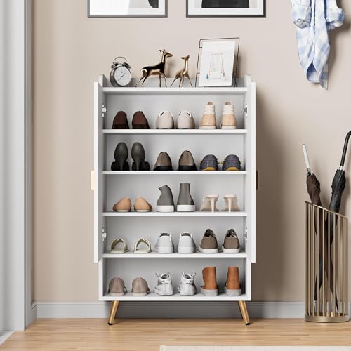 HYGRAD BUILT TO SURVIVE Modern Shoe Cabinet with 2 Doors, Open Shelf and Adjustable Shelves, Hallway Shoe Cupboard for 15 Pairs of Shoes, Entryway Storage Unit (White)
