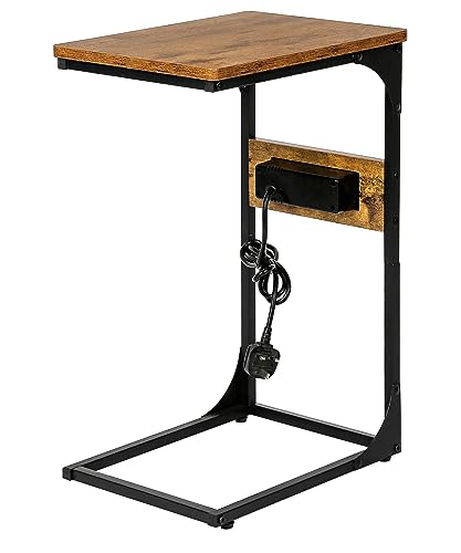 HYGRAD BUILT TO SURVIVE C-Shaped Wooden Industrial Look End Bedside Table Lap Desk With UK Plug Charging Station USB Ports Home Office