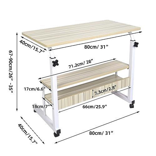 Adjustable Portable Rolling Bedside Work Breakfast Laptop Tray Table Desk Station Portable Overbed/Chair Table Sofa Side Notebook Laptop Desk PC Stand Height Adjustable w/Lockable 4 Castors & Wooden