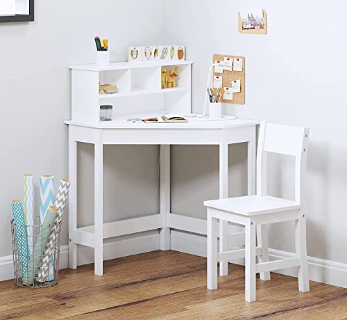 HYGRAD® White Study Table and 1 Chairs for Kids Unisex Xmas, Wooden Study Desk with Chair for Children, Writing Desk with Storage and Hutch Shelves for Home School with Tidy Shelf Organiser