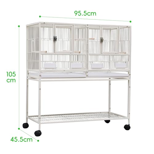 42" Single Stackable Deep & Wide Breeding Center Divider Nest Box Bird Rolling Stand Cage Divided Breeder Parakeet Bird Cage for Canary Cockatiel Parrot Lovebird (White 95.5x45.5x105cm)