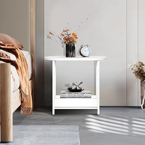 HYGRAD BUILT TO SURVIVE 2 Tier Narrow Wooden Bedside Sofa End Side Oval Top Table For Living Bed Room Furniture In White Colour