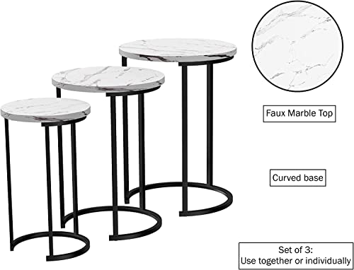 Set of 3 Round Vintage Wooden/Steel Nesting Side Coffee Tables Stacking Sofa Side, Space Saving Coffee Tea Table for Hallway Living Room Bedroom Office White Marble Look Large, Medium & Small (White)