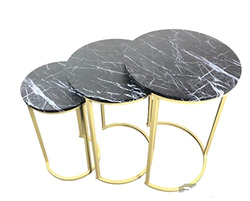 Set of 3 Round Vintage Wooden/Steel Nesting Side Coffee Tables Stacking Sofa Side, Space Saving Coffee Tea Table for Hallway Living Room Bedroom Office Black Marble Look Large, Medium & Small (Black)