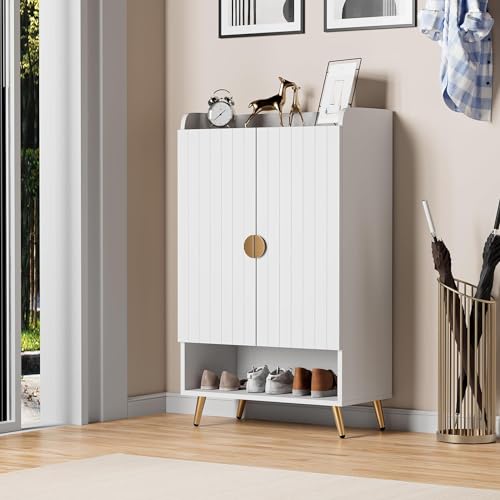 HYGRAD BUILT TO SURVIVE Modern Shoe Cabinet with 2 Doors, Open Shelf and Adjustable Shelves, Hallway Shoe Cupboard for 15 Pairs of Shoes, Entryway Storage Unit (White)