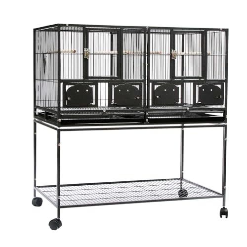 42" Single Stackable Deep & Wide Breeding Center Divider Nest Box Bird Rolling Stand Cage Divided Breeder Parakeet Bird Cage for Canary Cockatiel Parrot Lovebird (Black 95x60x104cm)