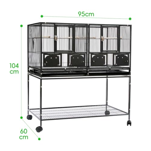 42" Single Stackable Deep & Wide Breeding Center Divider Nest Box Bird Rolling Stand Cage Divided Breeder Parakeet Bird Cage for Canary Cockatiel Parrot Lovebird (Black 95x60x104cm)