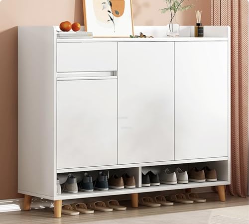 HYGRAD BUILT TO SURVIVE Wooden Shoe Cabinet with 3 Doors 5-Tier Shoe Storage Organiser with 1 Drawer and 1 Cabinet Shoe Cupboard for Hallway, White, 90cm Wide (Full White)