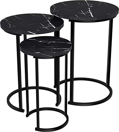 Set of 3 Round Vintage Wooden/Steel Nesting Side Coffee Tables Stacking Sofa Side, Space Saving Coffee Tea Table for Hallway Living Room Bedroom Office Black Marble Look Large, Medium & Small (Black)