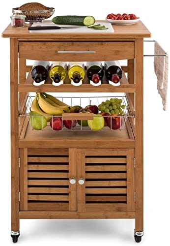 HYGRAD BUILT TO SURVIVE Bamboo Wood Rolling Kitchen Cart Trolley Dining Island Drawer Wine Rack Cabinet Storage Organiser Louisiana Kitchen Trolley Serving Rolling Cart with Numerous Storage Options