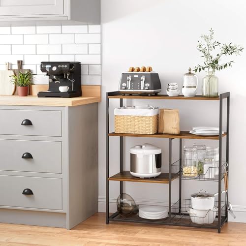 HYGRAD BUILT TO SURVIVE 4 Tier Wooden/Metal Industrial Look Rustic Kitchen Bakers Rack Microwave Shelf Organiser With Mesh Baskets