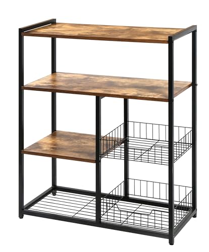 HYGRAD BUILT TO SURVIVE 4 Tier Wooden/Metal Industrial Look Rustic Kitchen Bakers Rack Microwave Shelf Organiser With Mesh Baskets