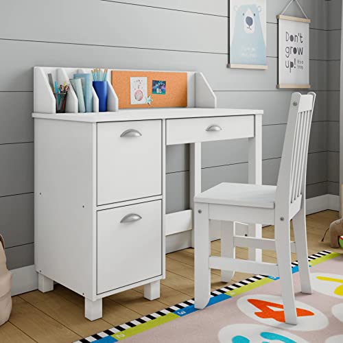 Wooden White Study Desk for Children with Chair, Bulletin Board and Drawers, Gift for Ages 5-14 Computer Desk Home School Student Study PC Writing Desks Table for Small Spaces Teen Work