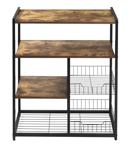 HYGRAD BUILT TO SURVIVE 4 Tier Wooden/Metal Industrial Look Rustic Kitchen Bakers Rack Microwave Shelf Organiser With Mesh Baskets