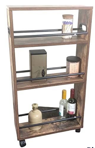4 Tier Slim Storage Cart with Handle, Slide Out Storage Rolling Utility Cart Mobile Shelving Unit Organizer Trolley for Small Spaces Kitchen Laundry Narrow Places. Industrial Wooden Portable Organiser
