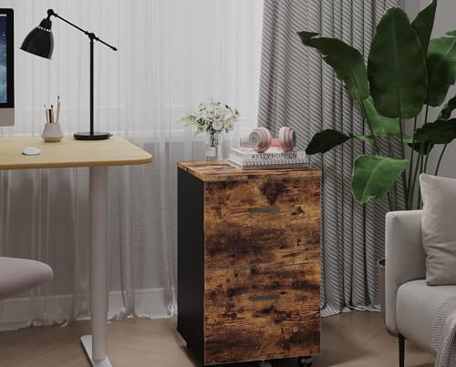 HYGRAD BUILT TO SURVIVE 2 Drawer Wooden Rolling Industrial Look Rustic Nightstand Bedside Printer End Table File Cabinet With Wheels