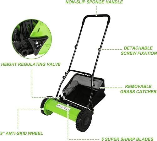 Hand Push Lawnmower - Manual Lawn-Mower With 30cm Cutting Width, 16L Grass Box, 4 Cutting Height Levels - Walk-Behind Lawn Mower For Small Gardens (30 cm Cutting Width)