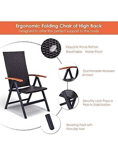 2 x Rattan & Aluminium Folding Reclining Garden Outdoor Indoor Picnic Arm Chair Seat Sun Lounger Set of 2 Outdoor Wicker Folding Chairs Patio 5 Levels Adjustable Backrest Outdoors, Camping (Brown)
