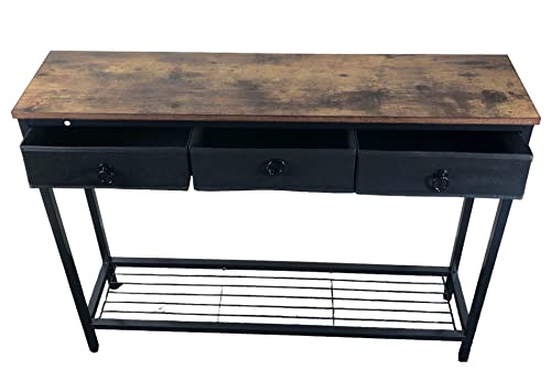 Console Table, Hallway Table, Slim Sofa Table with 3 Non-woven Drawers, Metal Mesh Frame, Sturdy, Narrow Side Table for Small Spaces, Entrance, Living Room, Industrial, Rustic Brown