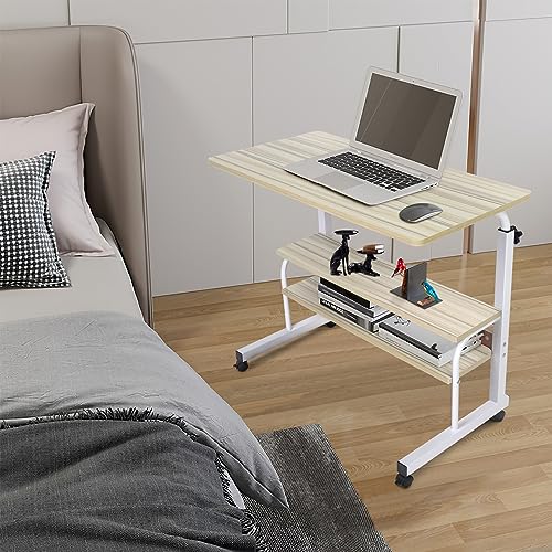 Adjustable Portable Rolling Bedside Work Breakfast Laptop Tray Table Desk Station Portable Overbed/Chair Table Sofa Side Notebook Laptop Desk PC Stand Height Adjustable w/Lockable 4 Castors & Wooden