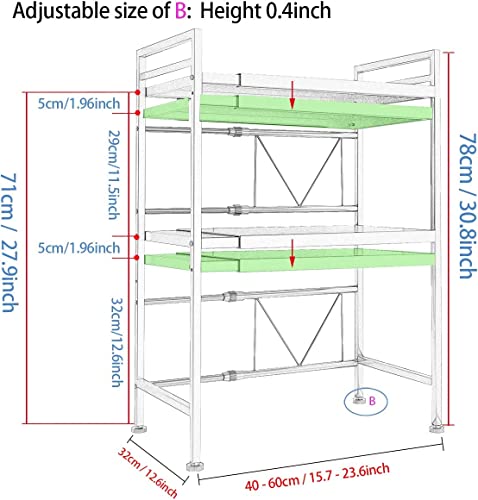 HYGRAD 2 Tier Heavy Duty Extendable Adjustable Microwave Oven Stand Kitchen Organiser Tidy Expandable Oven Rack, 2-Tier Counter Shelf and Organizer 3 Hooks, Carbon Steel Shelf, 55lbs Weight Capacity