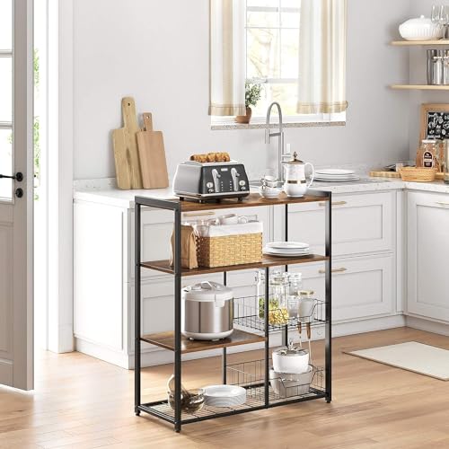 HYGRAD BUILT TO SURVIVE 4 Tier Wooden/Metal Industrial Look Rustic Kitchen Bakers Rack Microwave Shelf Organiser With Mesh Baskets