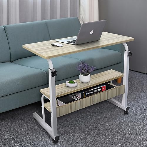 Adjustable Portable Rolling Bedside Work Breakfast Laptop Tray Table Desk Station Portable Overbed/Chair Table Sofa Side Notebook Laptop Desk PC Stand Height Adjustable w/Lockable 4 Castors & Wooden