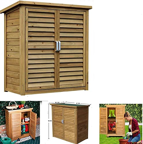 HYGRAD All Weather Wooden Outdoor Garden Lawn Cabinet Tool Shed Shelf Cupboard Storage Shed Outdoor Storage Shed Chest Double Doors with Shelf Hinged Roof Compact Size 87 x 46.5 x 96cm