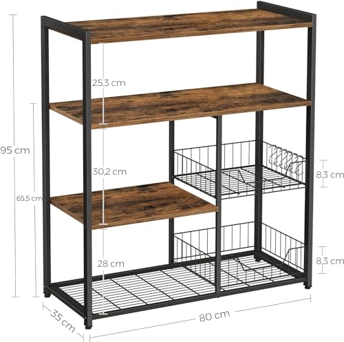 HYGRAD BUILT TO SURVIVE 4 Tier Wooden/Metal Industrial Look Rustic Kitchen Bakers Rack Microwave Shelf Organiser With Mesh Baskets