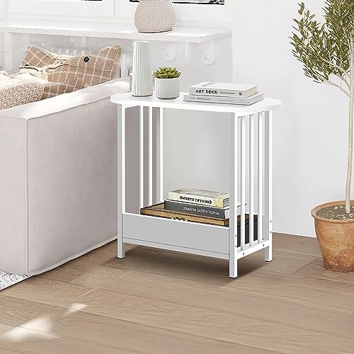 HYGRAD BUILT TO SURVIVE 2 Tier Narrow Wooden Bedside Sofa End Side Oval Top Table For Living Bed Room Furniture In White Colour