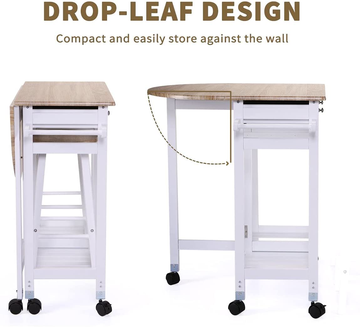 White Wooden Portable Drop Leaf Folding Rolling Kitchen Island Trolley Table Desk with Stools