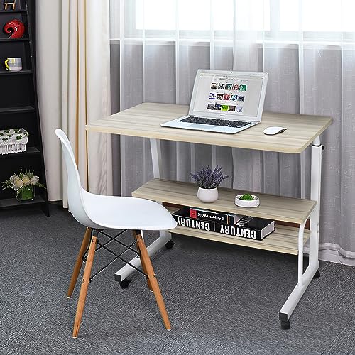 Adjustable Portable Rolling Bedside Work Breakfast Laptop Tray Table Desk Station Portable Overbed/Chair Table Sofa Side Notebook Laptop Desk PC Stand Height Adjustable w/Lockable 4 Castors & Wooden