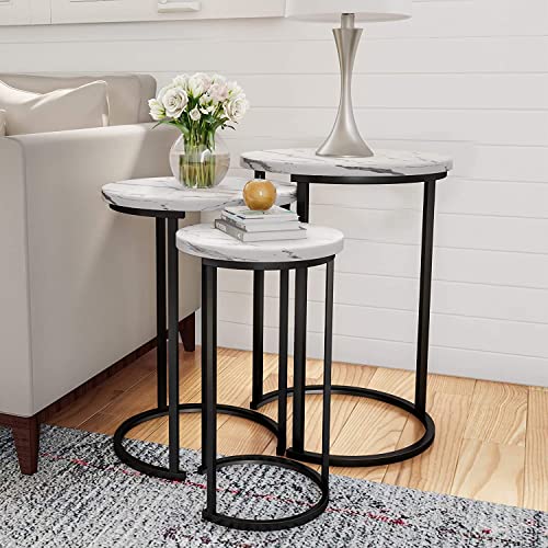Set of 3 Round Vintage Wooden/Steel Nesting Side Coffee Tables Stacking Sofa Side, Space Saving Coffee Tea Table for Hallway Living Room Bedroom Office Black Marble Look Large, Medium & Small (Black)