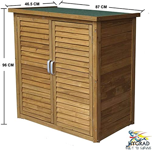 HYGRAD All Weather Wooden Outdoor Garden Lawn Cabinet Tool Shed Shelf Cupboard Storage Shed Outdoor Storage Shed Chest Double Doors with Shelf Hinged Roof Compact Size 87 x 46.5 x 96cm