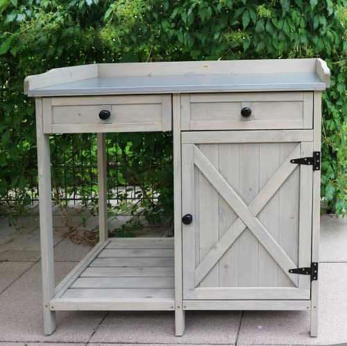 Potting Bench Table Wooden Planting Bench Table with Cabinet and Drawers Metal Surface Work Station Bench with Hooks and Shelf Wood