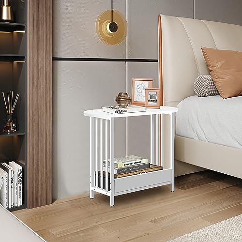 HYGRAD BUILT TO SURVIVE 2 Tier Narrow Wooden Bedside Sofa End Side Oval Top Table For Living Bed Room Furniture In White Colour