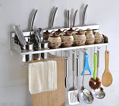 Stainless Steel Multipurpose Wall Mounted Kitchen Utensils Holder Organiser Pan Pot Spice Rack knife spoons cups hanger with hanging rail