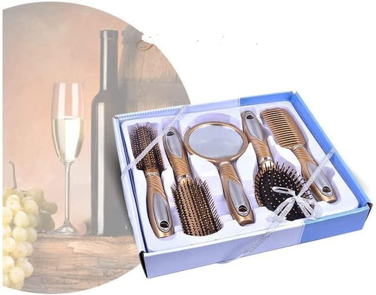 5 Piece Hair Styling Salon Professional Brush Comb Gift Set Kit With Mirror In Red & Gold