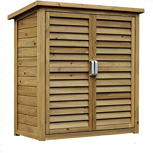 HYGRAD All Weather Wooden Outdoor Garden Lawn Cabinet Tool Shed Shelf Cupboard Storage Shed Outdoor Storage Shed Chest Double Doors with Shelf Hinged Roof Compact Size 87 x 46.5 x 96cm