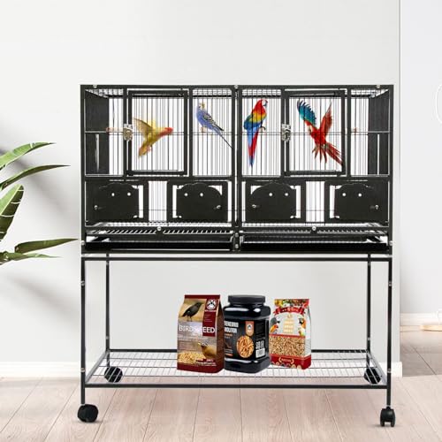 42" Single Stackable Deep & Wide Breeding Center Divider Nest Box Bird Rolling Stand Cage Divided Breeder Parakeet Bird Cage for Canary Cockatiel Parrot Lovebird (Black 95x60x104cm)