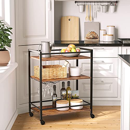 HYGRAD BUILT TO SURVIVE 3 Tier Rolling Industrial Design Rustic Look Wooden Kitchen Food Serving Cart Trolley With Wheels & Glass Hooks