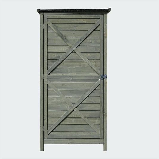 142 cm Tall Shabby Wooden Outdoor Slim Garden Shed Tool Storage Cabinet Cupboard In Grey Colour