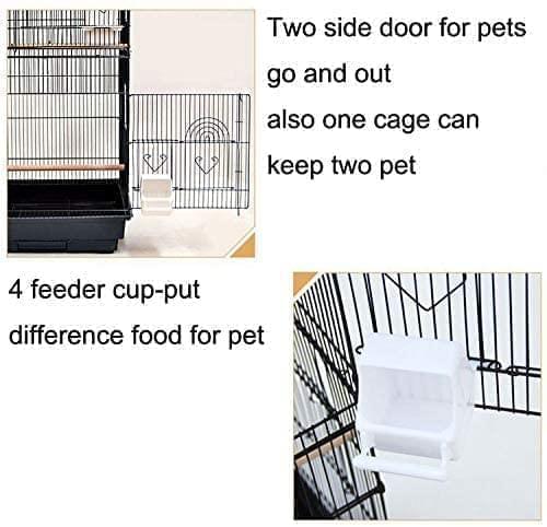 37" Rooftop Metal Large Bird Parrot Cage Carrier For Canary Budgie Cockatiel In Black & White (Black)