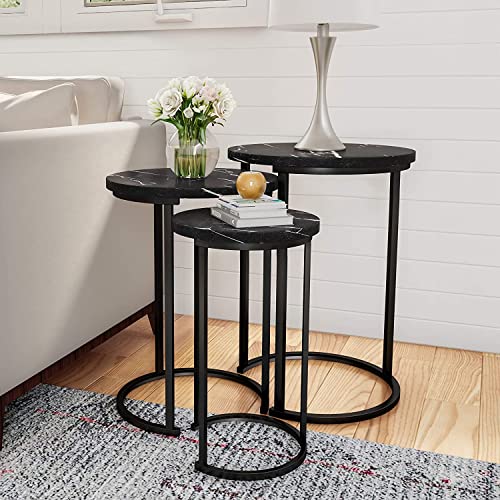 Set of 3 Round Vintage Wooden/Steel Nesting Side Coffee Tables Stacking Sofa Side, Space Saving Coffee Tea Table for Hallway Living Room Bedroom Office Black Marble Look Large, Medium & Small (Black)