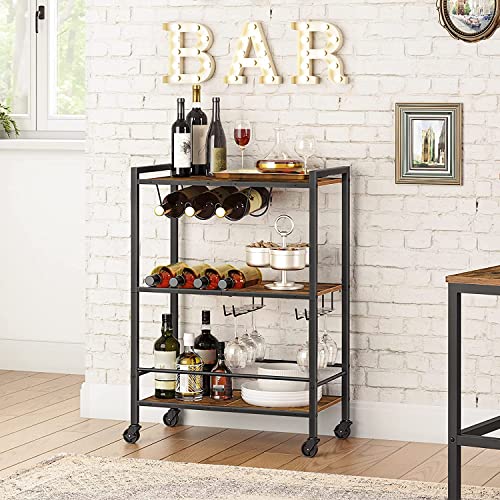 3 Tier Rolling Industrial Design Rustic Wooden Bar Kitchen Food Serving Cart Trolley Wheels Bar Cart, Kitchen Cart with Lockable Wheels, for Dining Rooms, Living Room, Garden, Party, Bar
