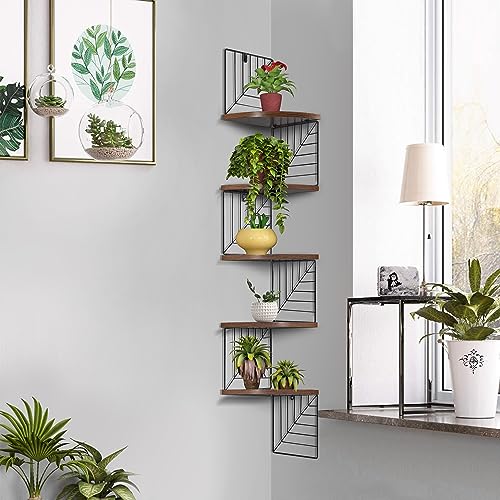 HYGRAD BUILT TO SURVIVE 5 Tier Wooden/Iron Leaf Design Wall Mounted Hanging Floating Corner Shelf Rack Organiser Display Unit